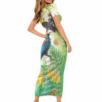 New Zealand Maori Mahuru Short Sleeve Bodycon Dress Tui With Pikawakawa Spring Colors LT7 - Polynesian Pride