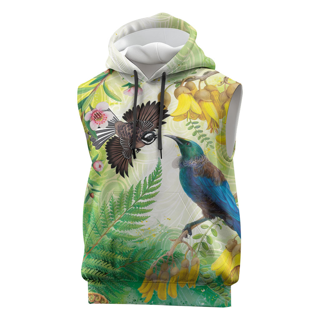New Zealand Maori Mahuru Sleeveless Hoodie Tui With Pikawakawa Spring Colors LT7 Multicolor - Polynesian Pride