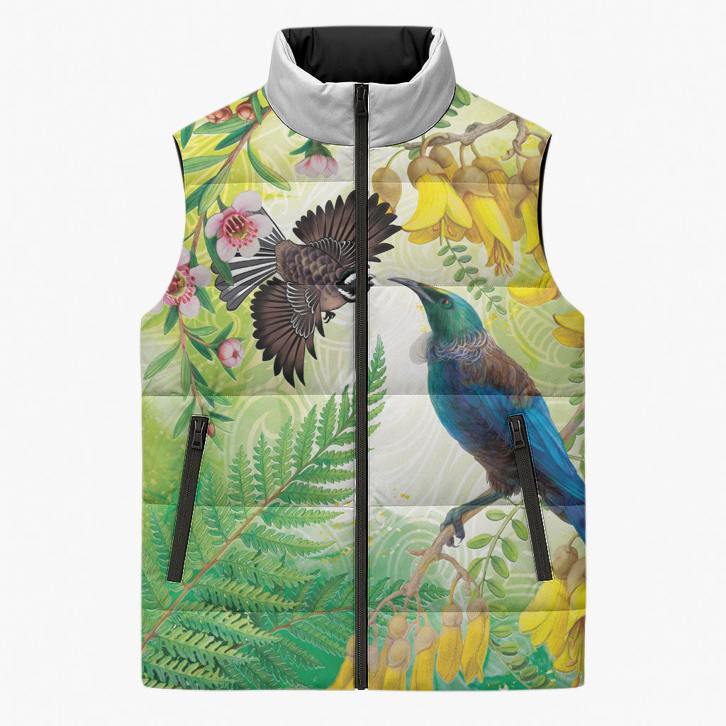 New Zealand Maori Mahuru Sleeveless Puffer Jacket Tui With Pikawakawa Spring Colors LT7 Unisex Multicolor - Polynesian Pride