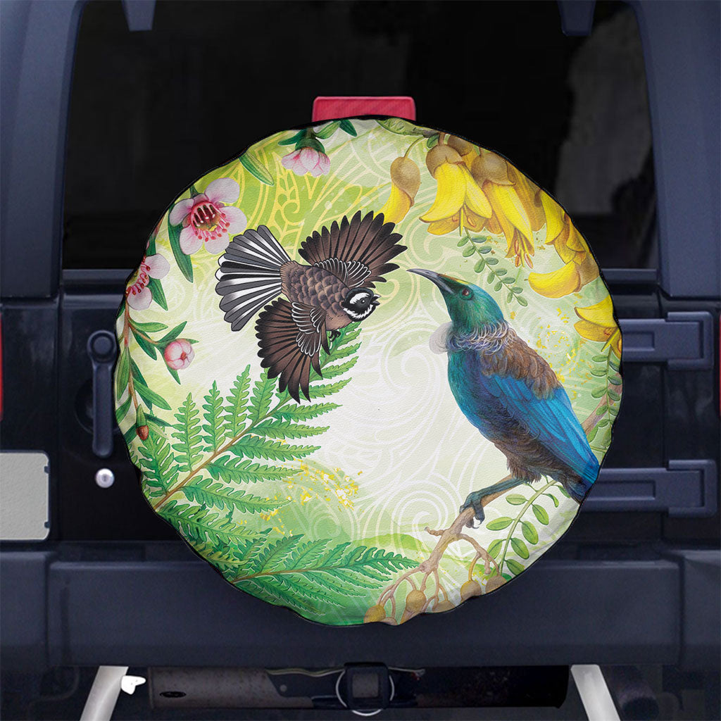 New Zealand Maori Mahuru Spare Tire Cover Tui With Pikawakawa Spring Colors LT7 No hole Multicolor - Polynesian Pride