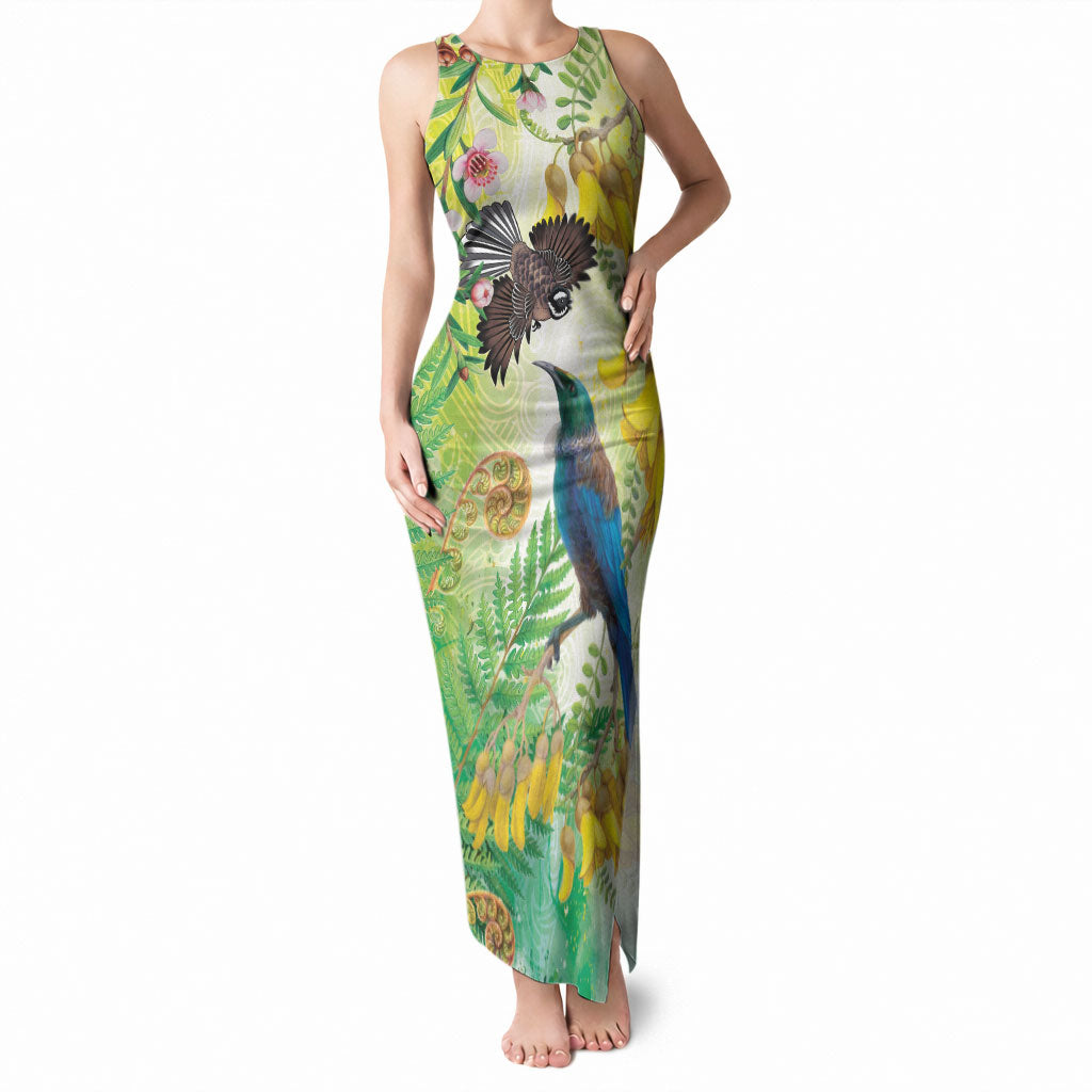 New Zealand Maori Mahuru Tank Maxi Dress Tui With Pikawakawa Spring Colors LT7 Women Multicolor - Polynesian Pride