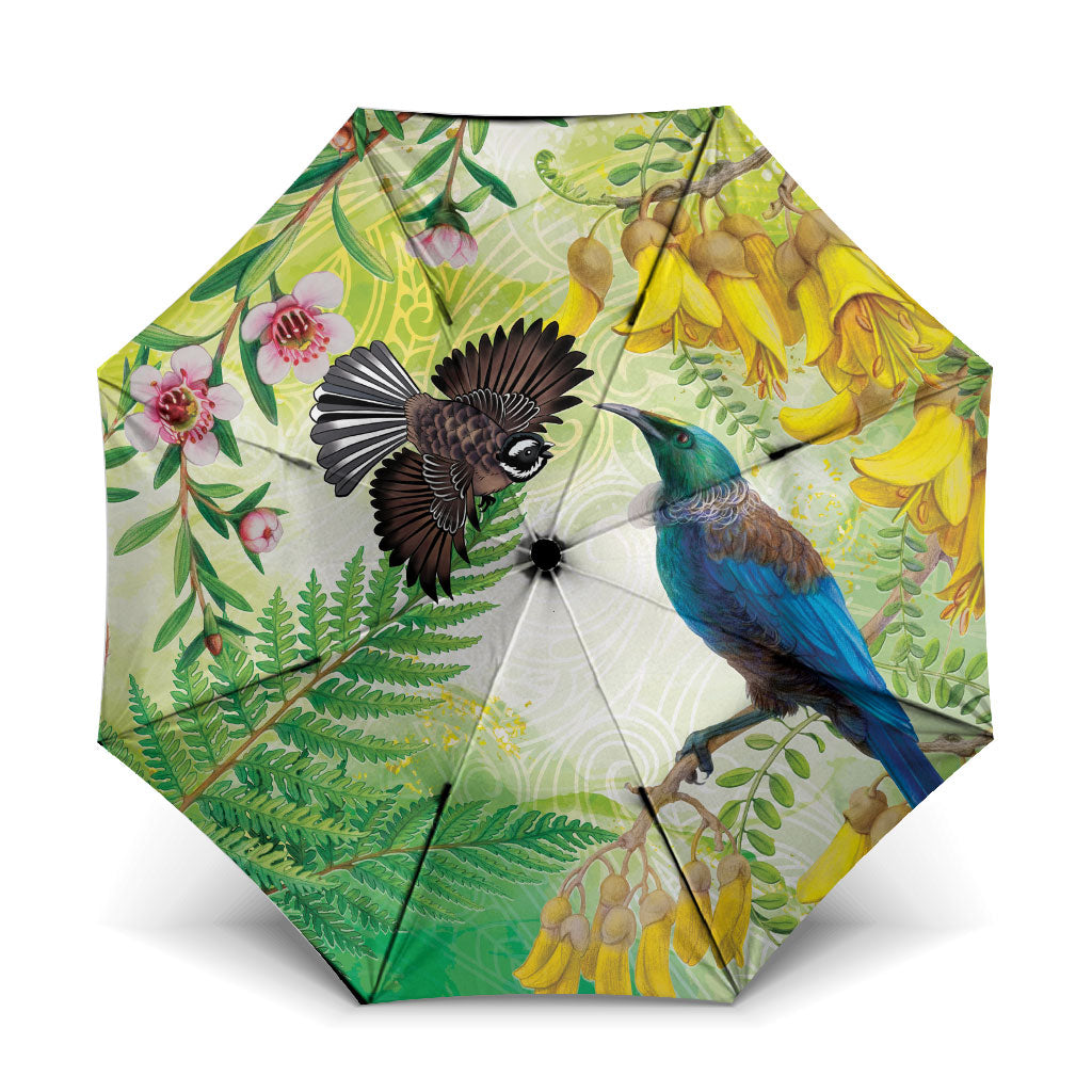 New Zealand Maori Mahuru Umbrella Tui With Pikawakawa Spring Colors LT7 One Size Folded 11.42 inch Opened Diameter 37.4 inch Multicolor - Polynesian Pride