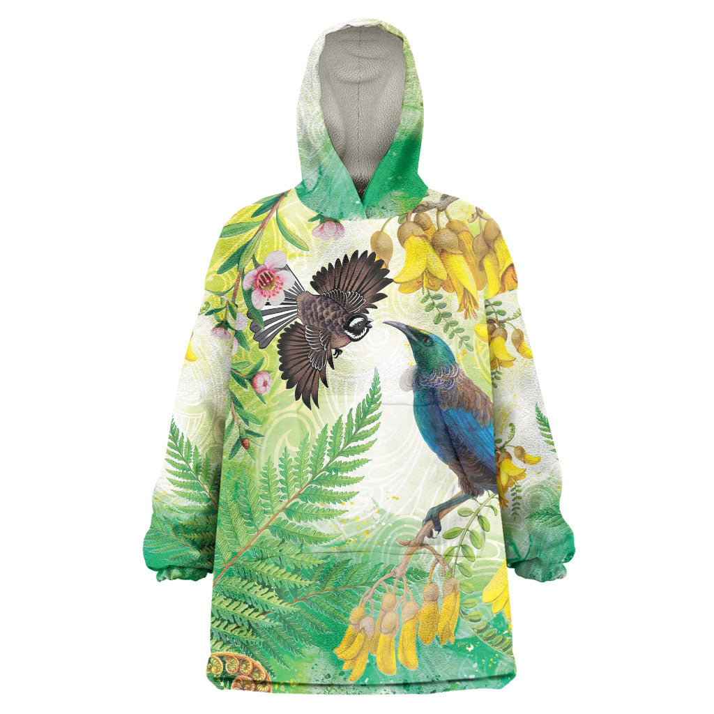 New Zealand Maori Mahuru Wearable Blanket Hoodie Tui With Pikawakawa Spring Colors LT7 One Size Multicolor - Polynesian Pride