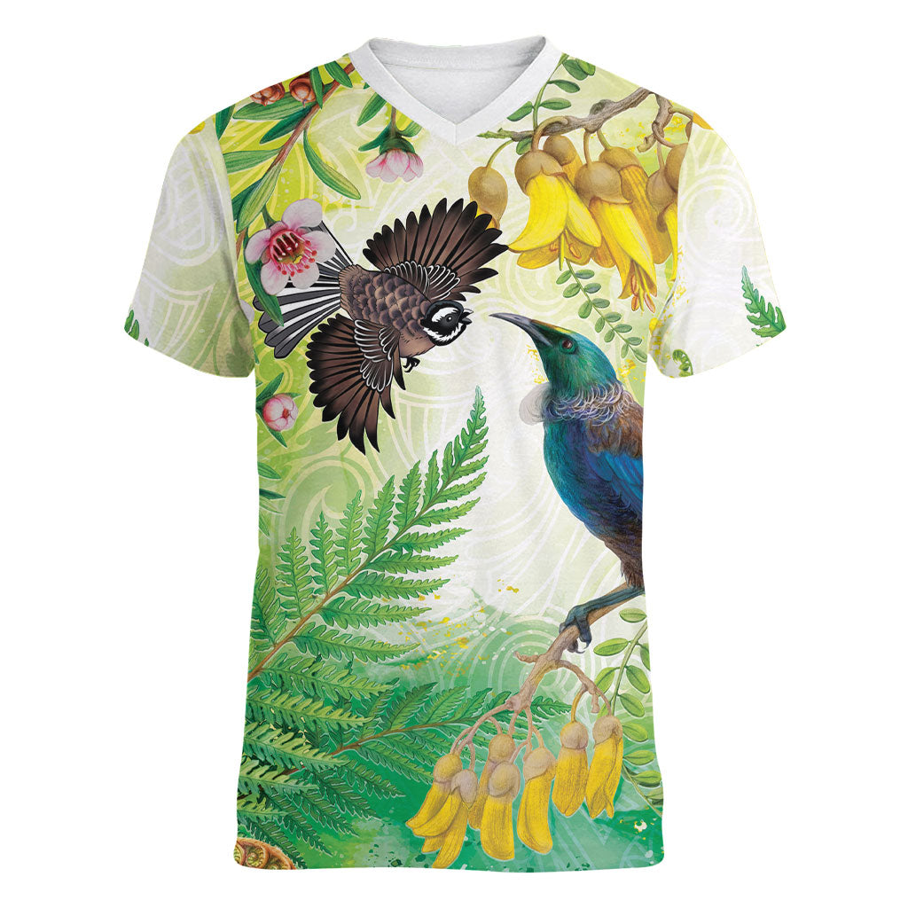 New Zealand Maori Mahuru Women V-Neck T-Shirt Tui With Pikawakawa Spring Colors LT7 Female Multicolor - Polynesian Pride
