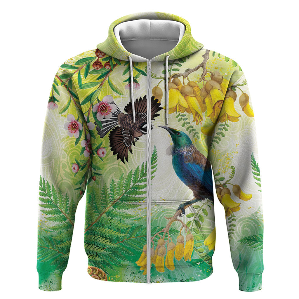 New Zealand Maori Mahuru Zip Hoodie Tui With Pikawakawa Spring Colors LT7 Zip Hoodie Multicolor - Polynesian Pride