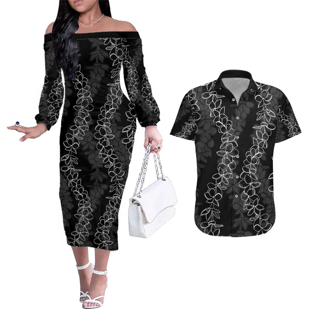 Hawaii Plumeria Lei Couples Matching Off The Shoulder Long Sleeve Dress and Hawaiian Shirt Aloha Festive Vibe