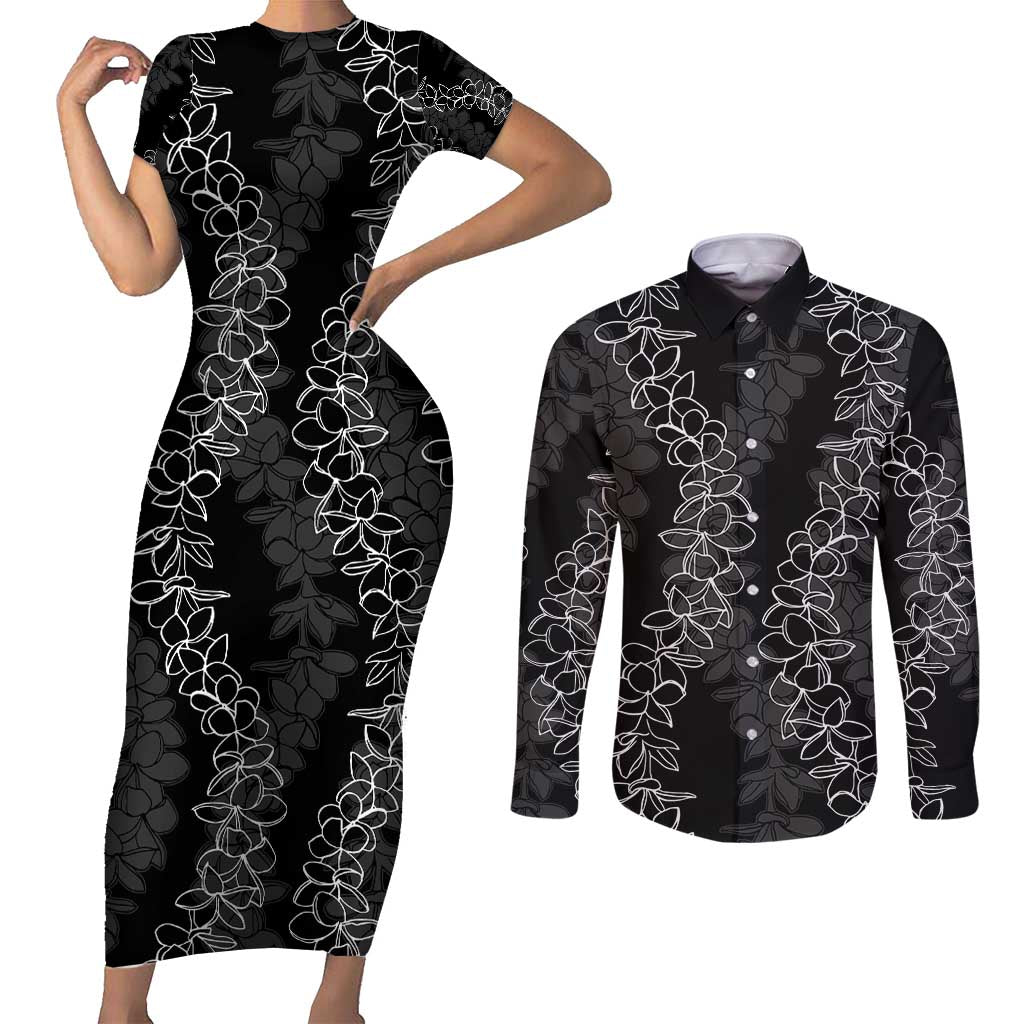 Hawaii Plumeria Lei Couples Matching Short Sleeve Bodycon Dress and Long Sleeve Button Shirt Aloha Festive Vibe LT7 Black - Polynesian Pride