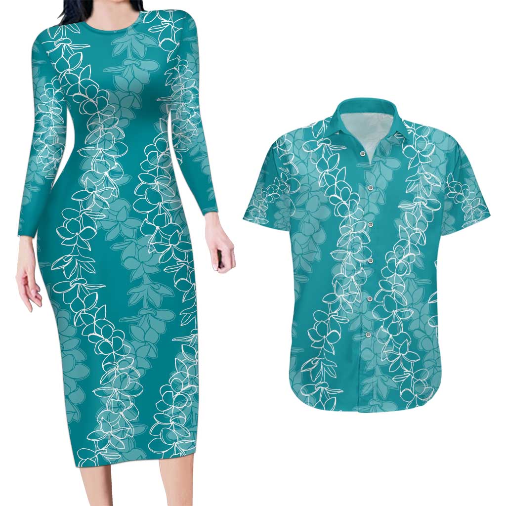Hawaii Plumeria Lei Couples Matching Long Sleeve Bodycon Dress and Hawaiian Shirt Aloha Festive Vibe - Teal LT7 Teal - Polynesian Pride