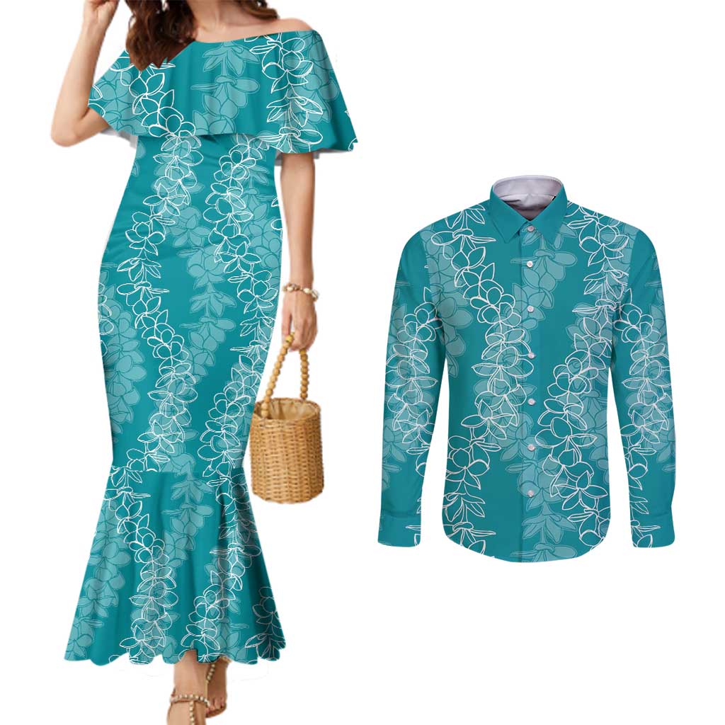 Hawaii Plumeria Lei Couples Matching Mermaid Dress and Long Sleeve Button Shirt Aloha Festive Vibe - Teal
