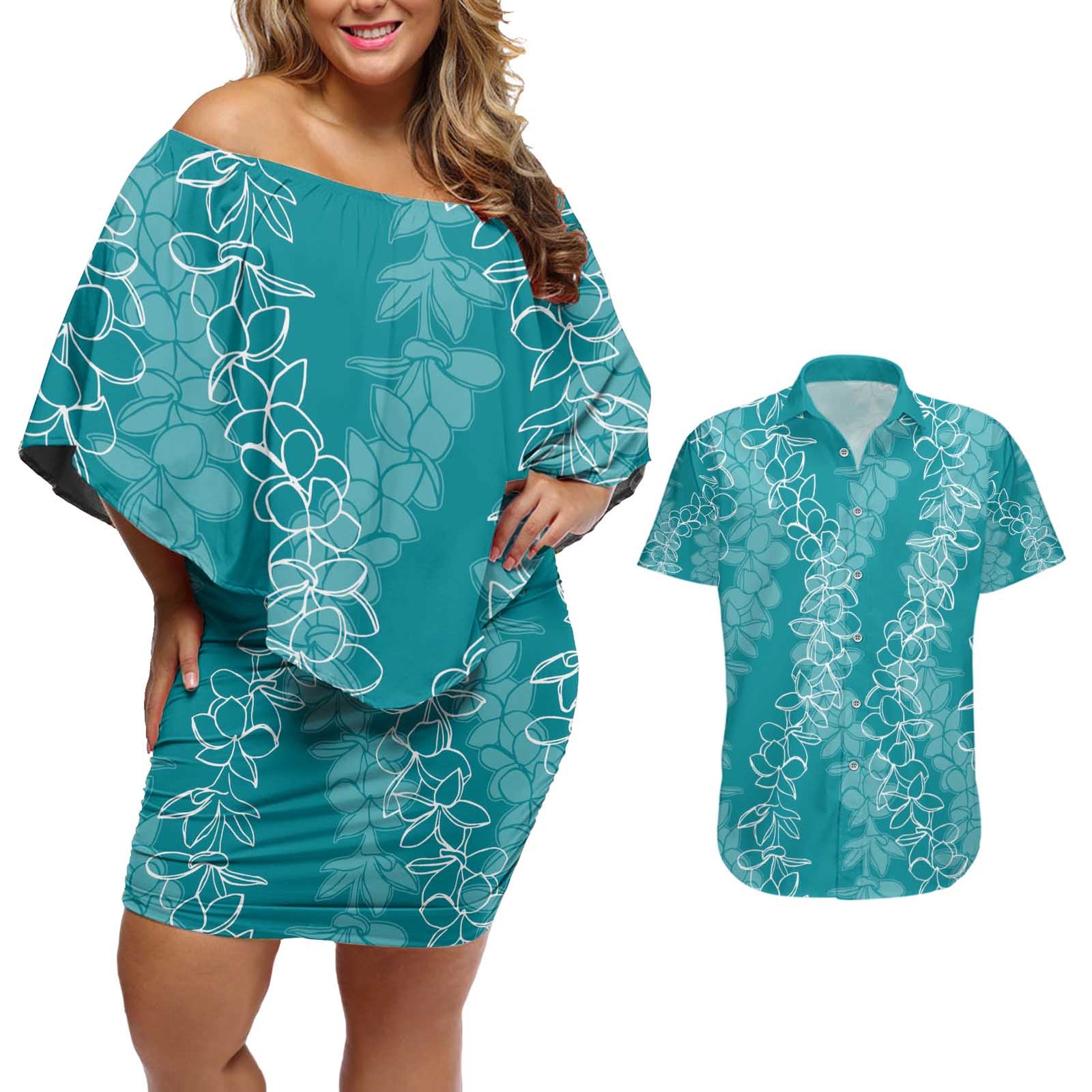 Hawaii Plumeria Lei Couples Matching Off Shoulder Short Dress and Hawaiian Shirt Aloha Festive Vibe - Teal LT7 Teal - Polynesian Pride