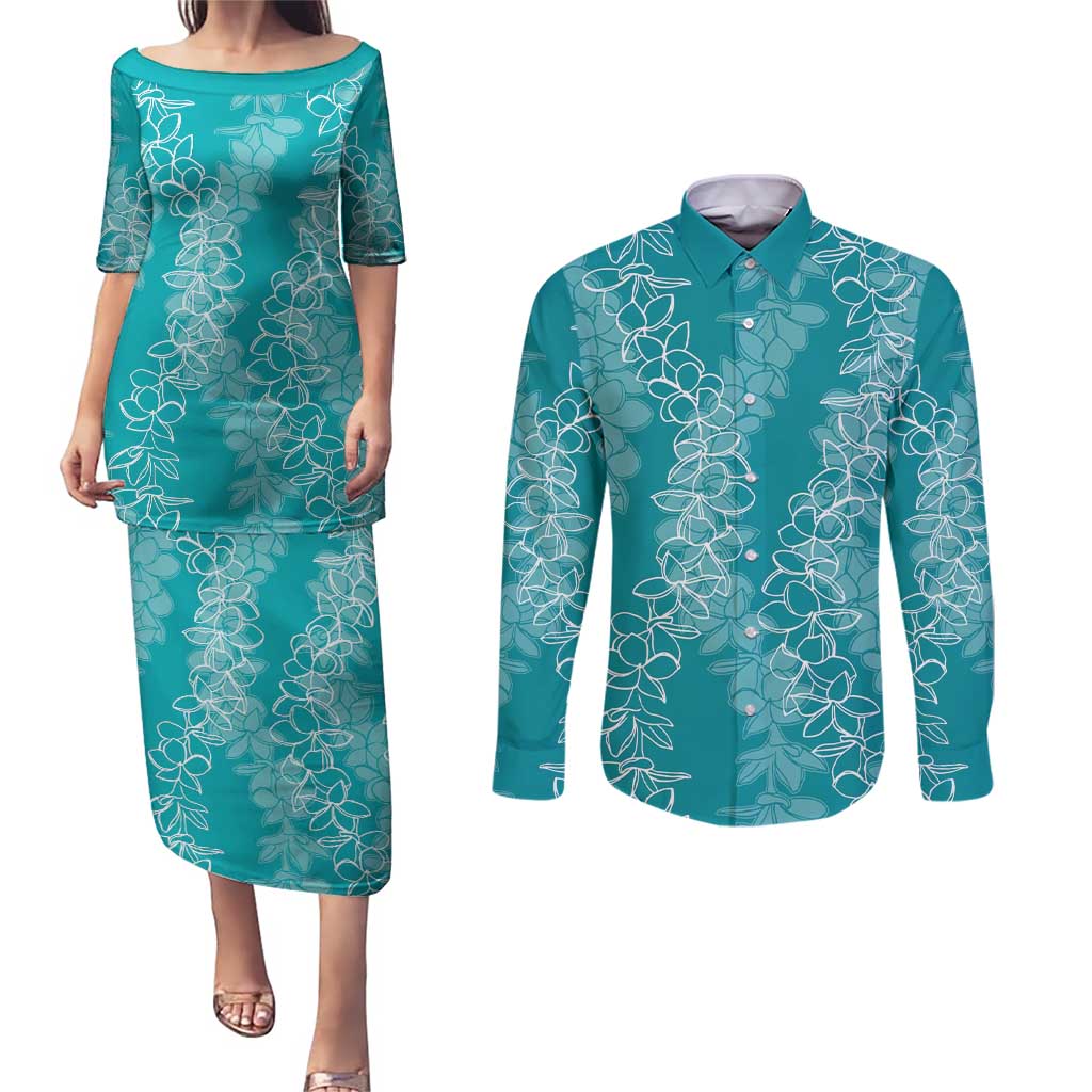 Hawaii Plumeria Lei Couples Matching Puletasi and Long Sleeve Button Shirt Aloha Festive Vibe - Teal LT7 Teal - Polynesian Pride