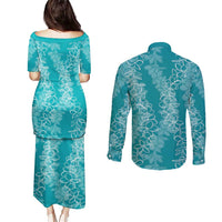Hawaii Plumeria Lei Couples Matching Puletasi and Long Sleeve Button Shirt Aloha Festive Vibe - Teal LT7 - Polynesian Pride