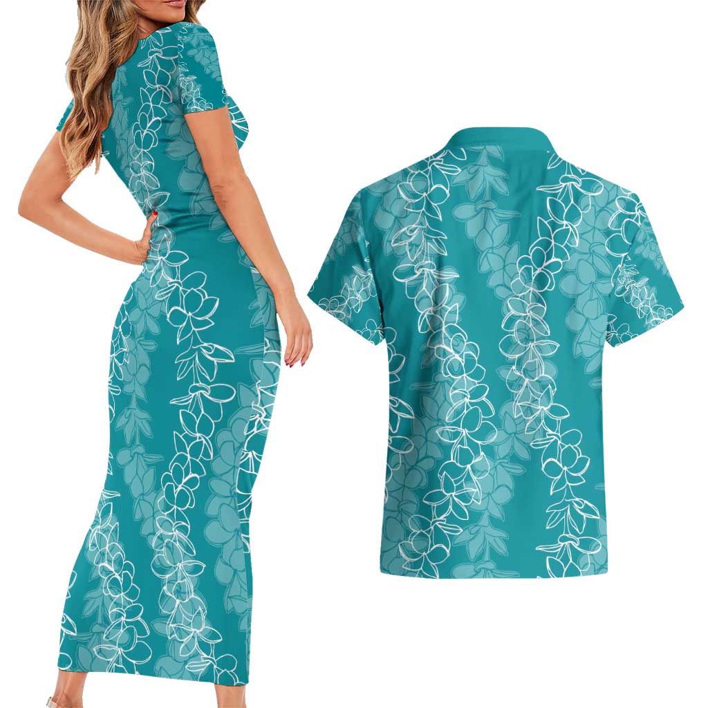 Hawaii Plumeria Lei Couples Matching Short Sleeve Bodycon Dress and Hawaiian Shirt Aloha Festive Vibe - Teal LT7 - Polynesian Pride