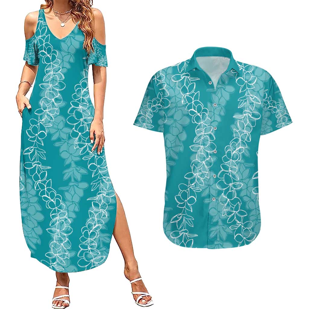 Hawaii Plumeria Lei Couples Matching Summer Maxi Dress and Hawaiian Shirt Aloha Festive Vibe - Teal LT7 Teal - Polynesian Pride