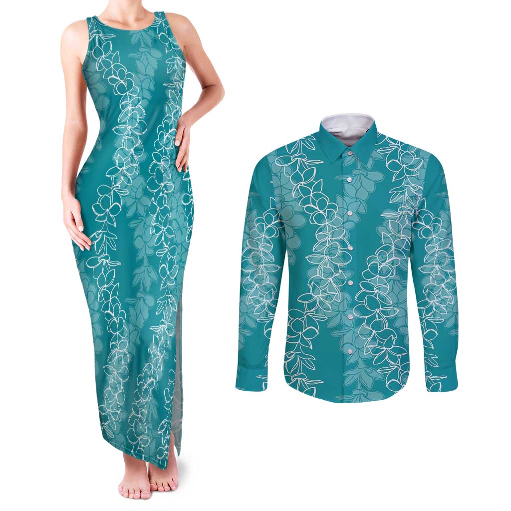 Hawaii Plumeria Lei Couples Matching Tank Maxi Dress and Long Sleeve Button Shirt Aloha Festive Vibe - Teal LT7 Teal - Polynesian Pride
