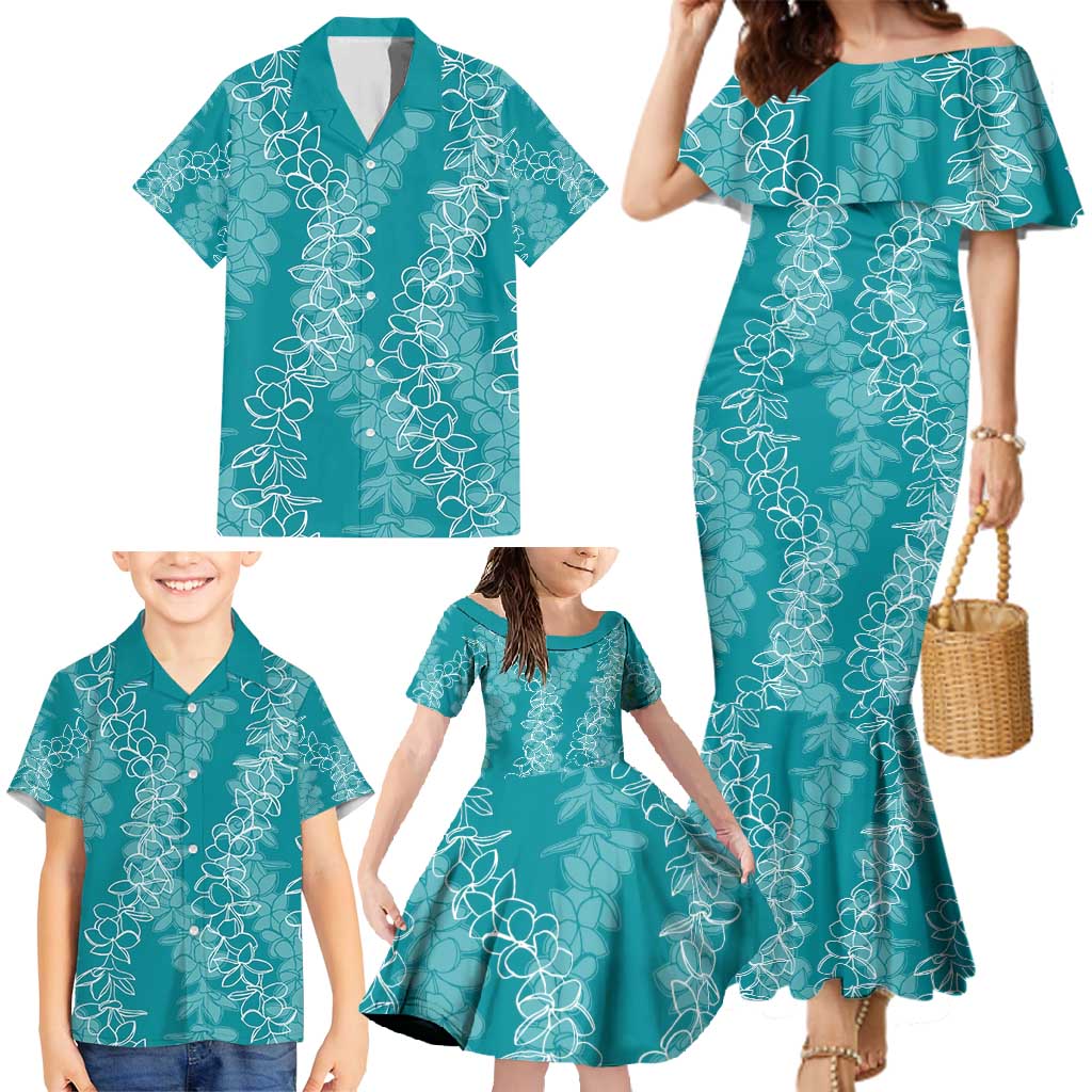 Hawaii Plumeria Lei Family Matching Mermaid Dress and Hawaiian Shirt Aloha Festive Vibe - Teal