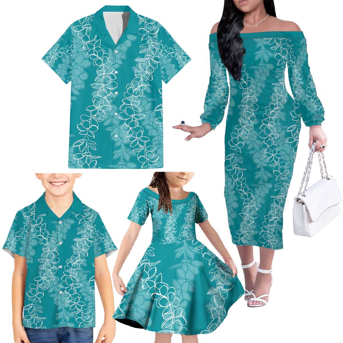 Hawaii Plumeria Lei Family Matching Off The Shoulder Long Sleeve Dress and Hawaiian Shirt Aloha Festive Vibe - Teal