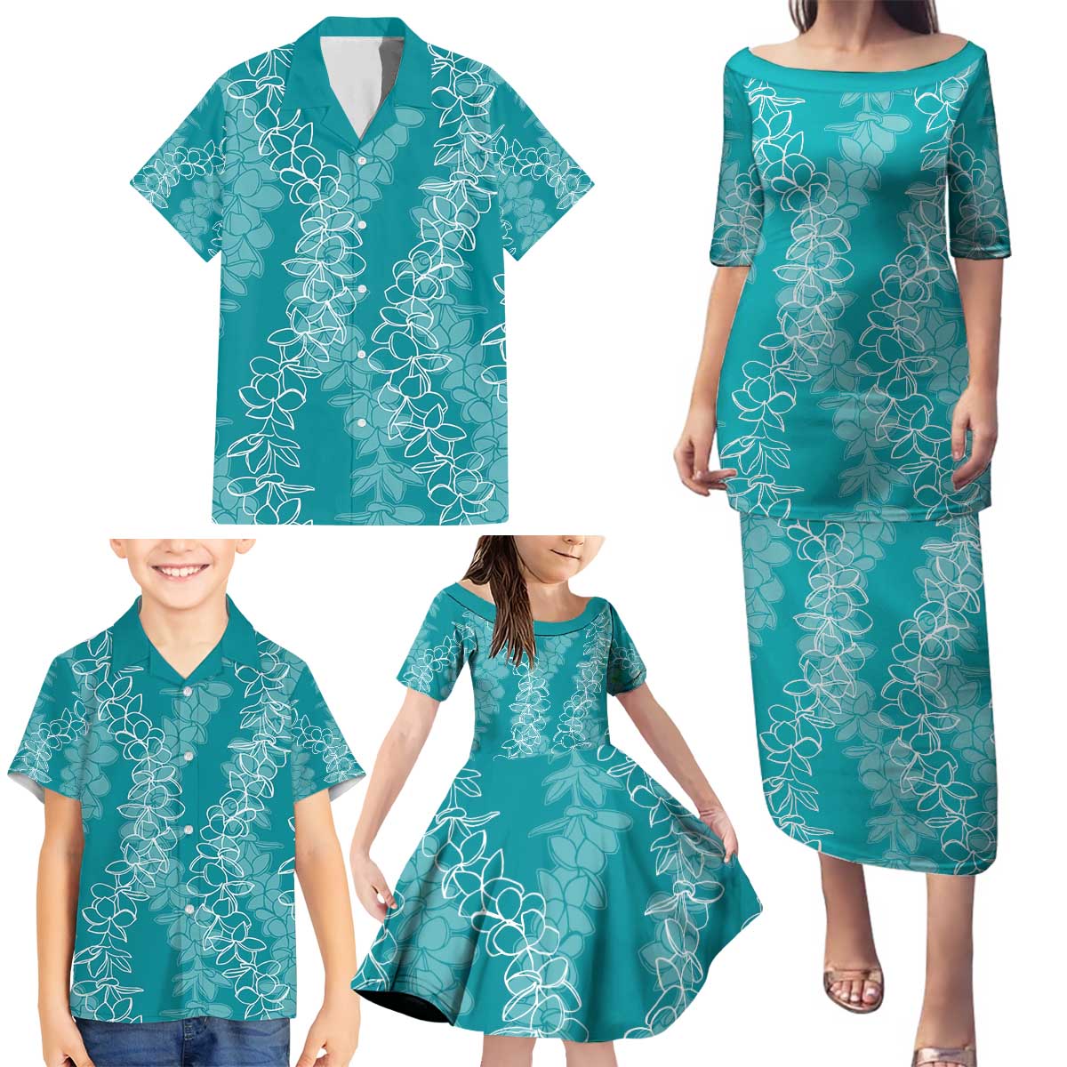 Hawaii Plumeria Lei Family Matching Puletasi and Hawaiian Shirt Aloha Festive Vibe - Teal LT7 - Polynesian Pride