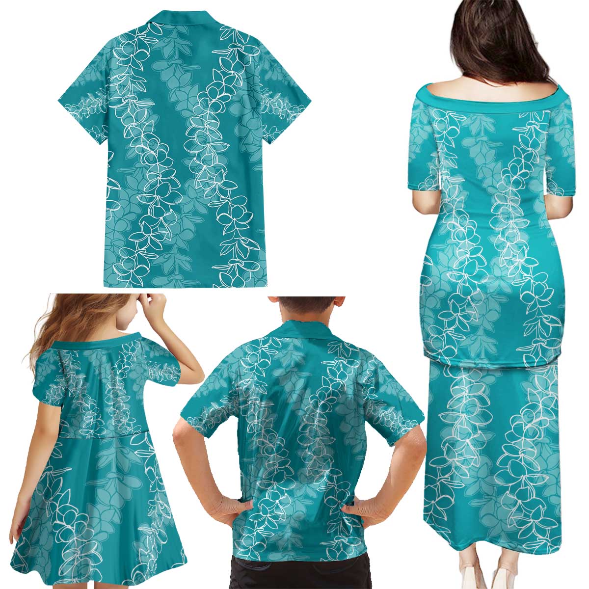 Hawaii Plumeria Lei Family Matching Puletasi and Hawaiian Shirt Aloha Festive Vibe - Teal