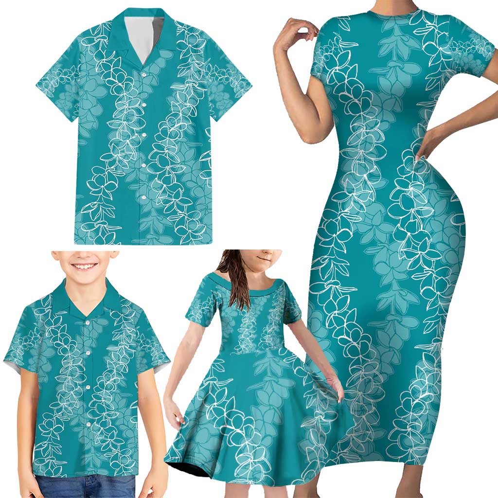 Hawaii Plumeria Lei Family Matching Short Sleeve Bodycon Dress and Hawaiian Shirt Aloha Festive Vibe - Teal