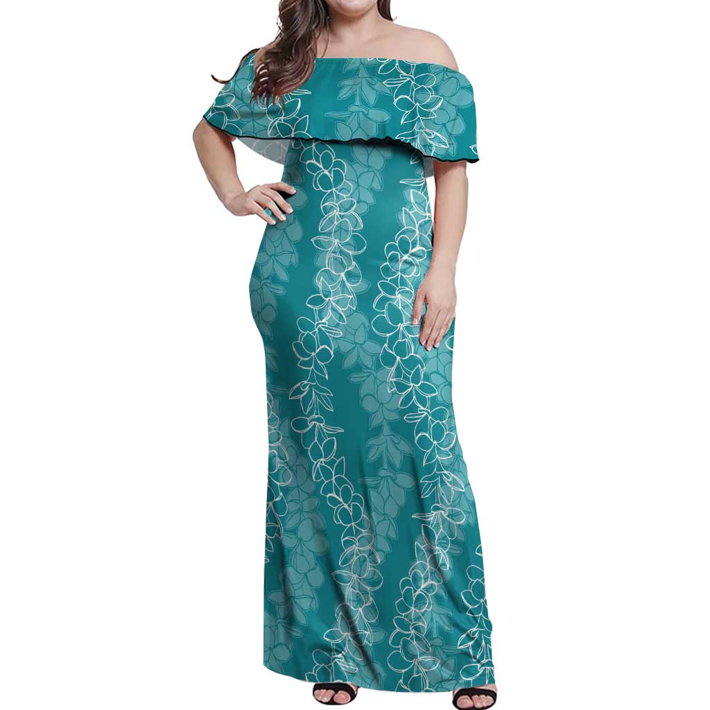 Hawaii Plumeria Lei Off Shoulder Maxi Dress Aloha Festive Vibe - Teal LT7 Women Teal - Polynesian Pride