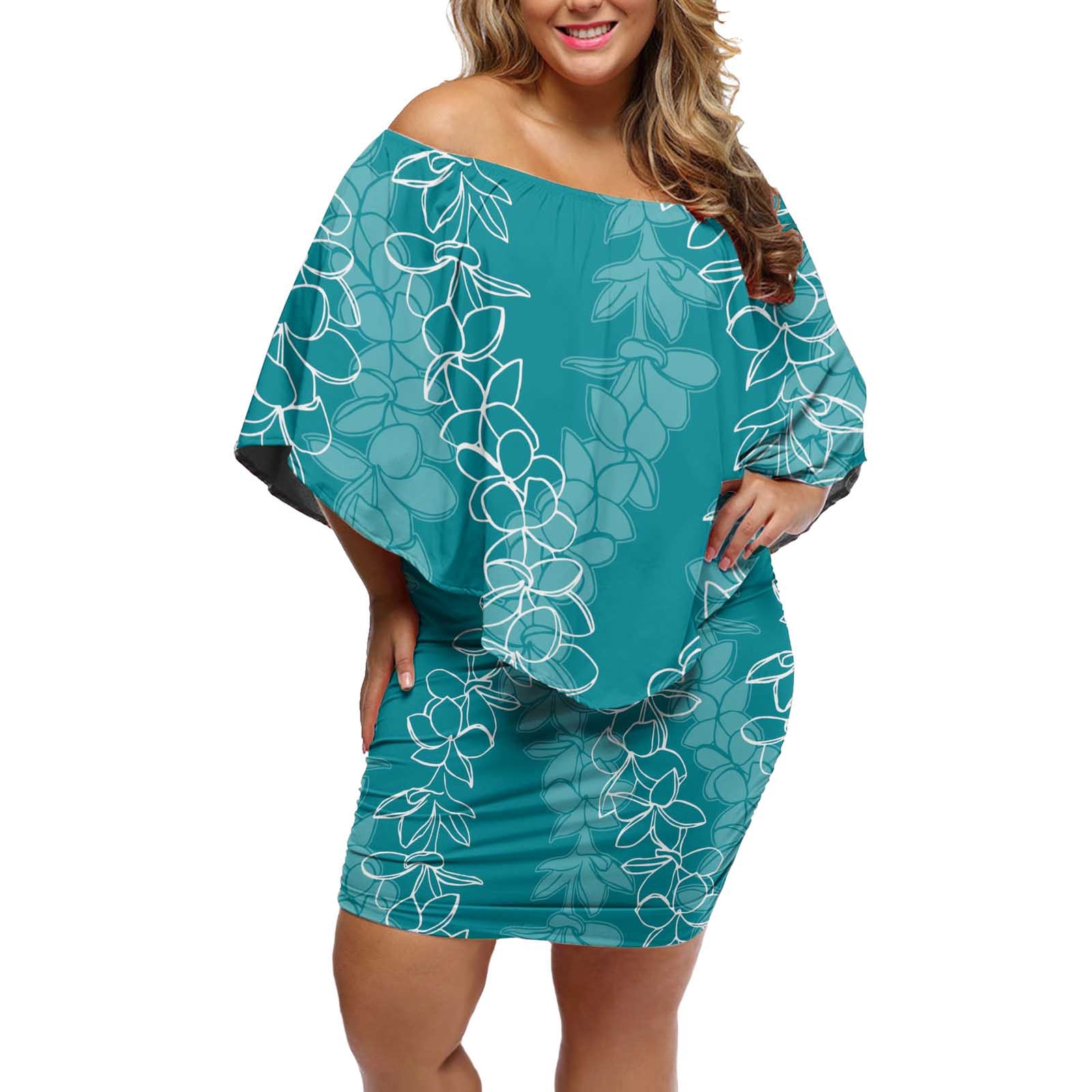 Hawaii Plumeria Lei Off Shoulder Short Dress Aloha Festive Vibe - Teal LT7 Women Teal - Polynesian Pride