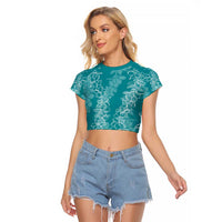 Hawaii Plumeria Lei Raglan Cropped T Shirt Aloha Festive Vibe - Teal LT7 Female Teal - Polynesian Pride