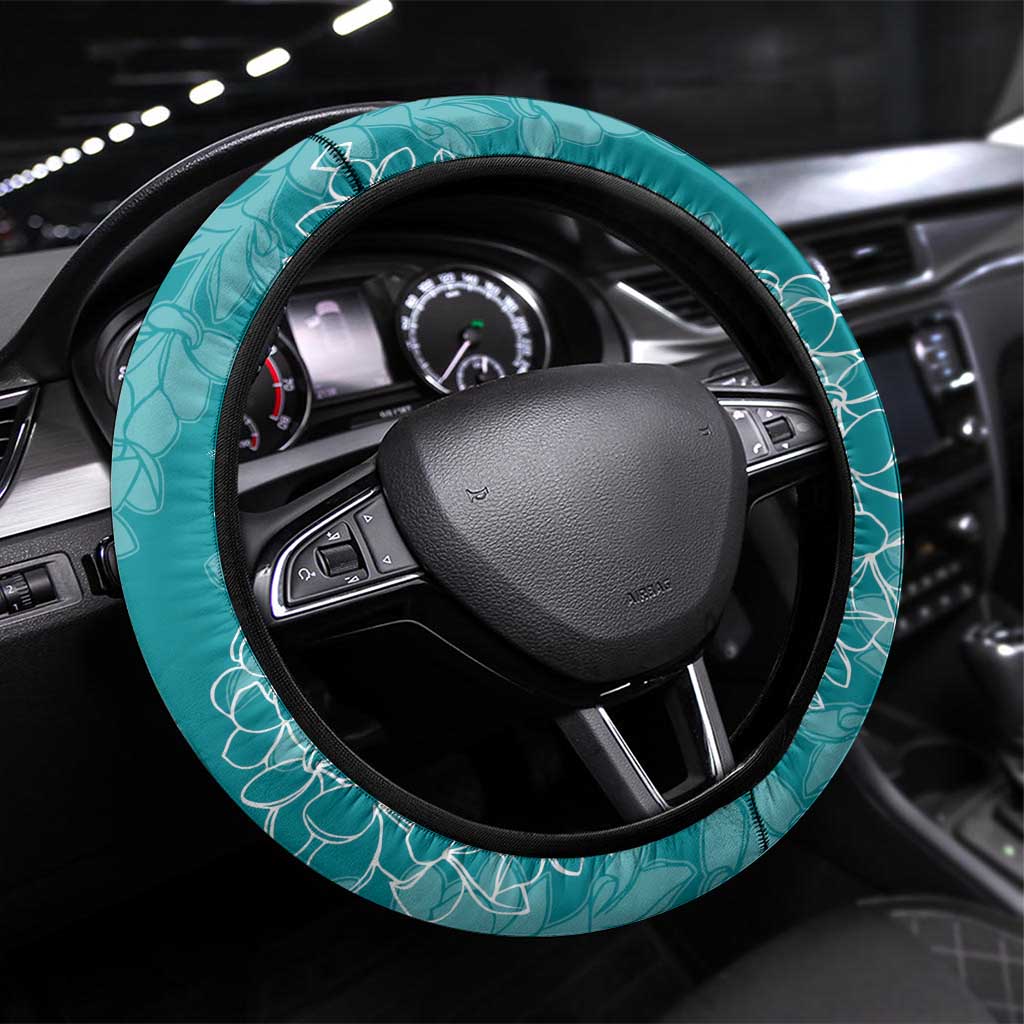 Hawaii Plumeria Lei Steering Wheel Cover Aloha Festive Vibe - Teal LT7 Universal Fit Teal - Polynesian Pride