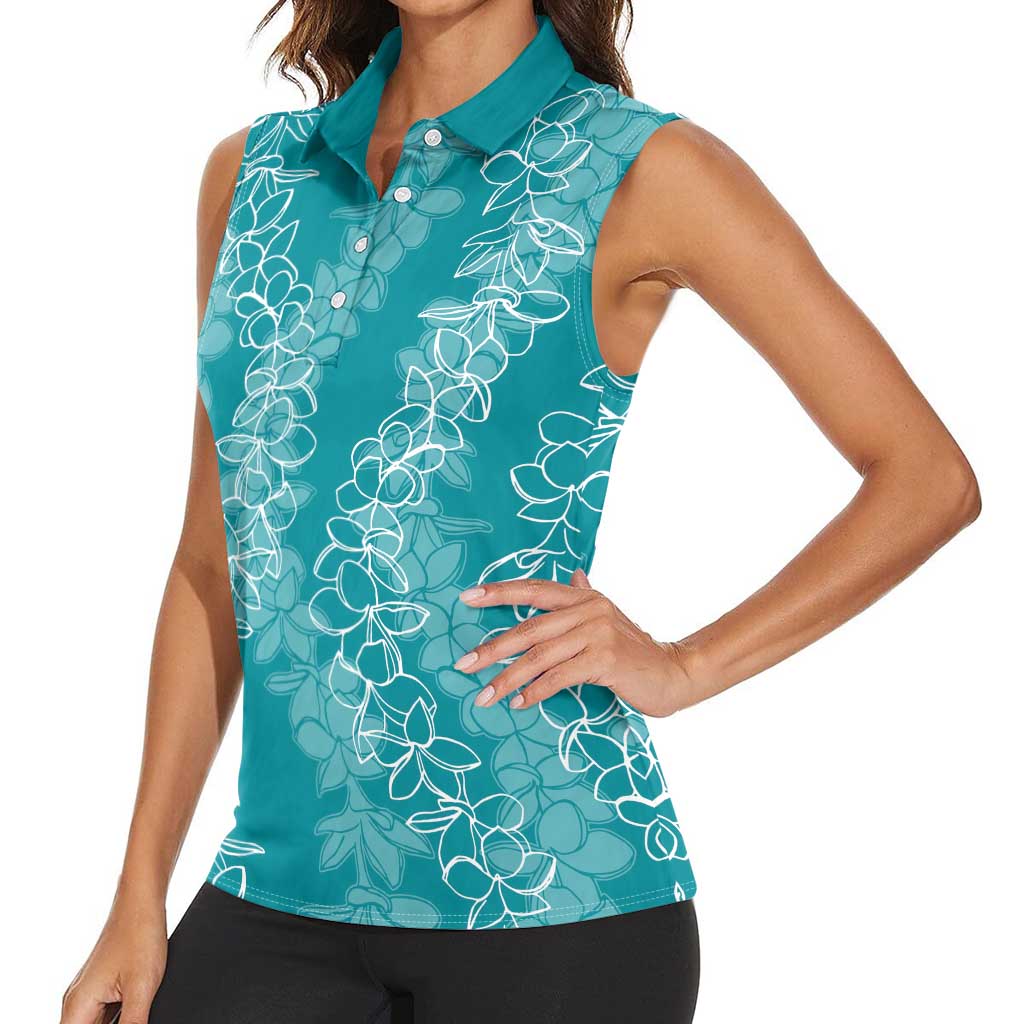 Hawaii Plumeria Lei Women Sleeveless Polo Shirt Aloha Festive Vibe - Teal
