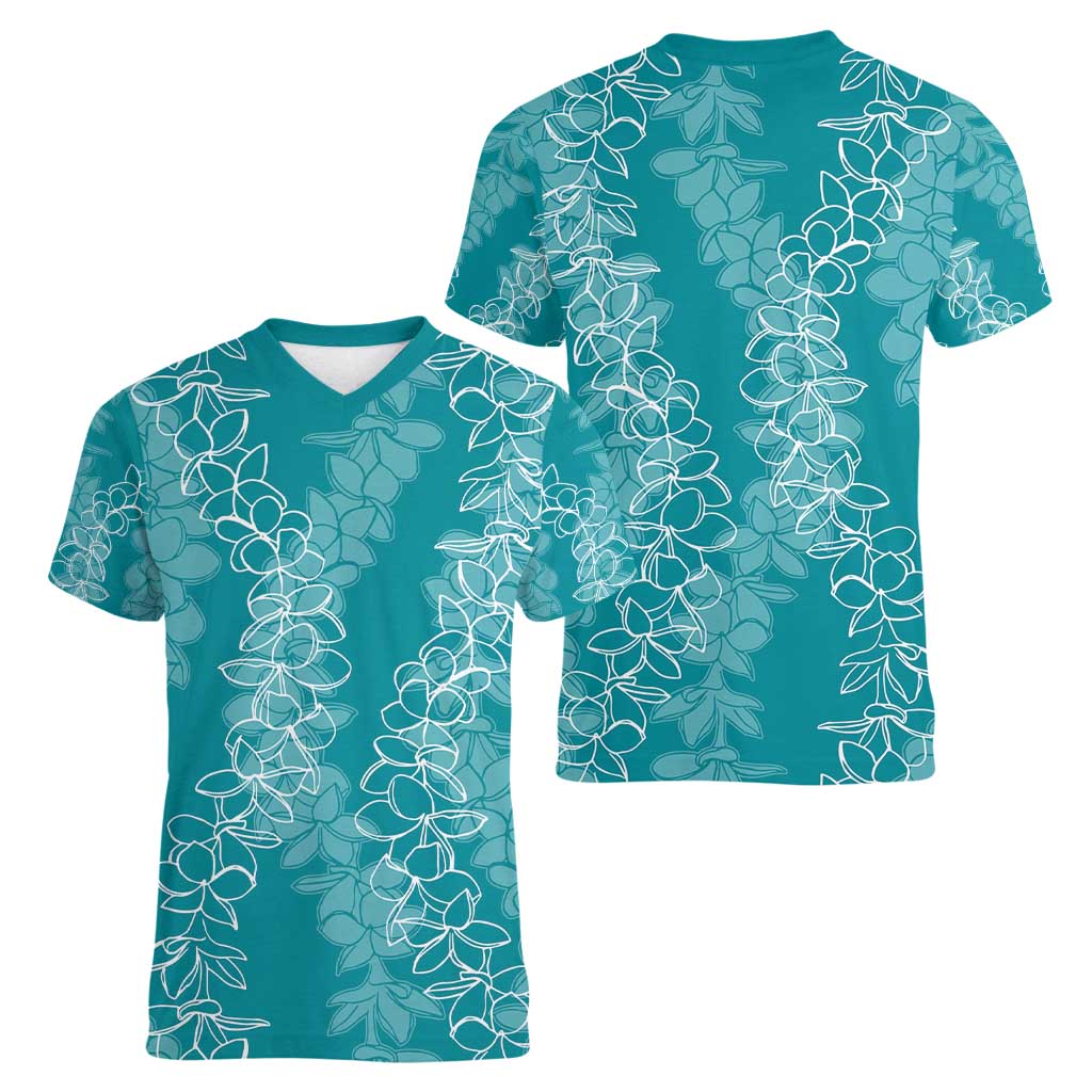 Hawaii Plumeria Lei Women V-Neck T-Shirt Aloha Festive Vibe - Teal