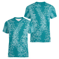 Hawaii Plumeria Lei Women V-Neck T-Shirt Aloha Festive Vibe - Teal