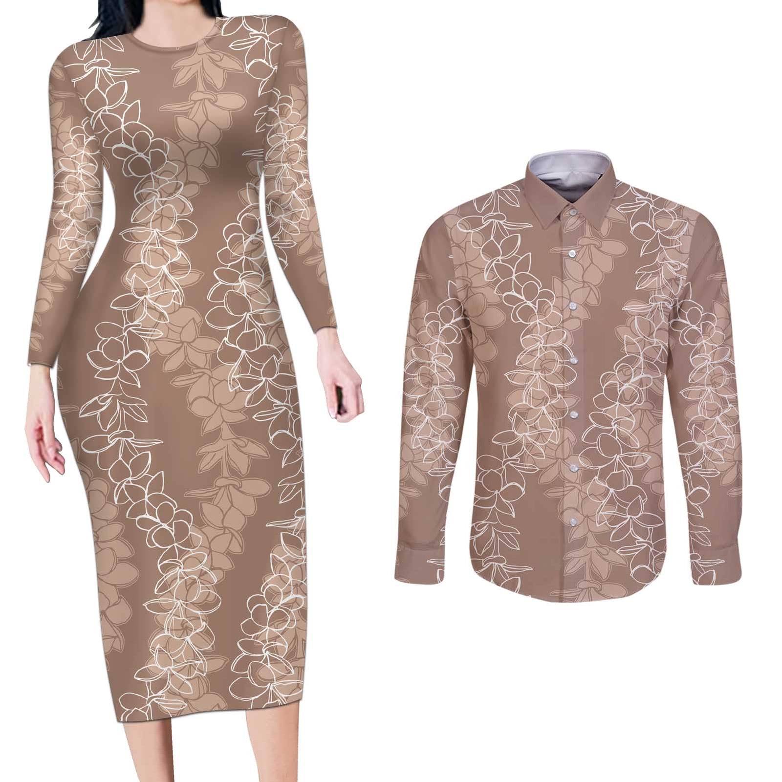 Hawaii Plumeria Lei Couples Matching Long Sleeve Bodycon Dress and Long Sleeve Button Shirt Aloha Festive Vibe - Beige LT7 Beige - Polynesian Pride