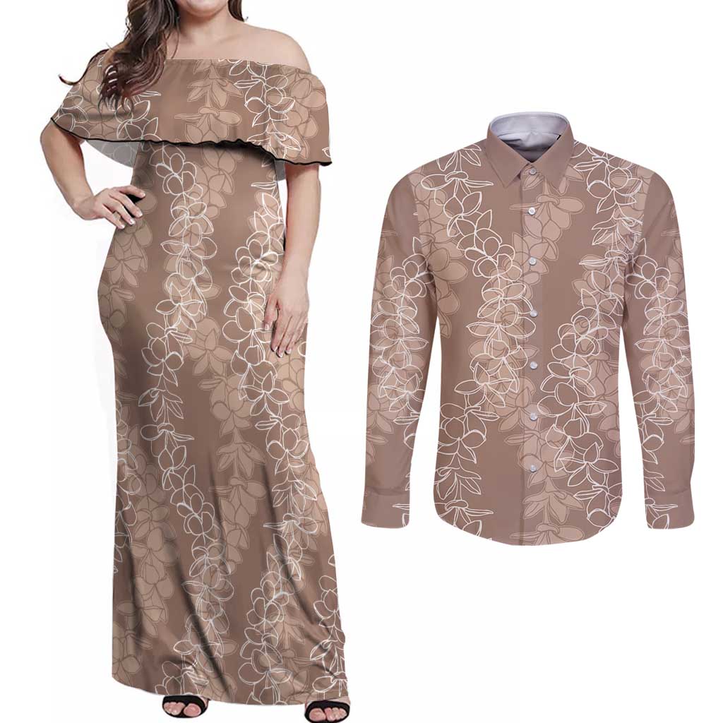 Hawaii Plumeria Lei Couples Matching Off Shoulder Maxi Dress and Long Sleeve Button Shirt Aloha Festive Vibe - Beige LT7 Beige - Polynesian Pride