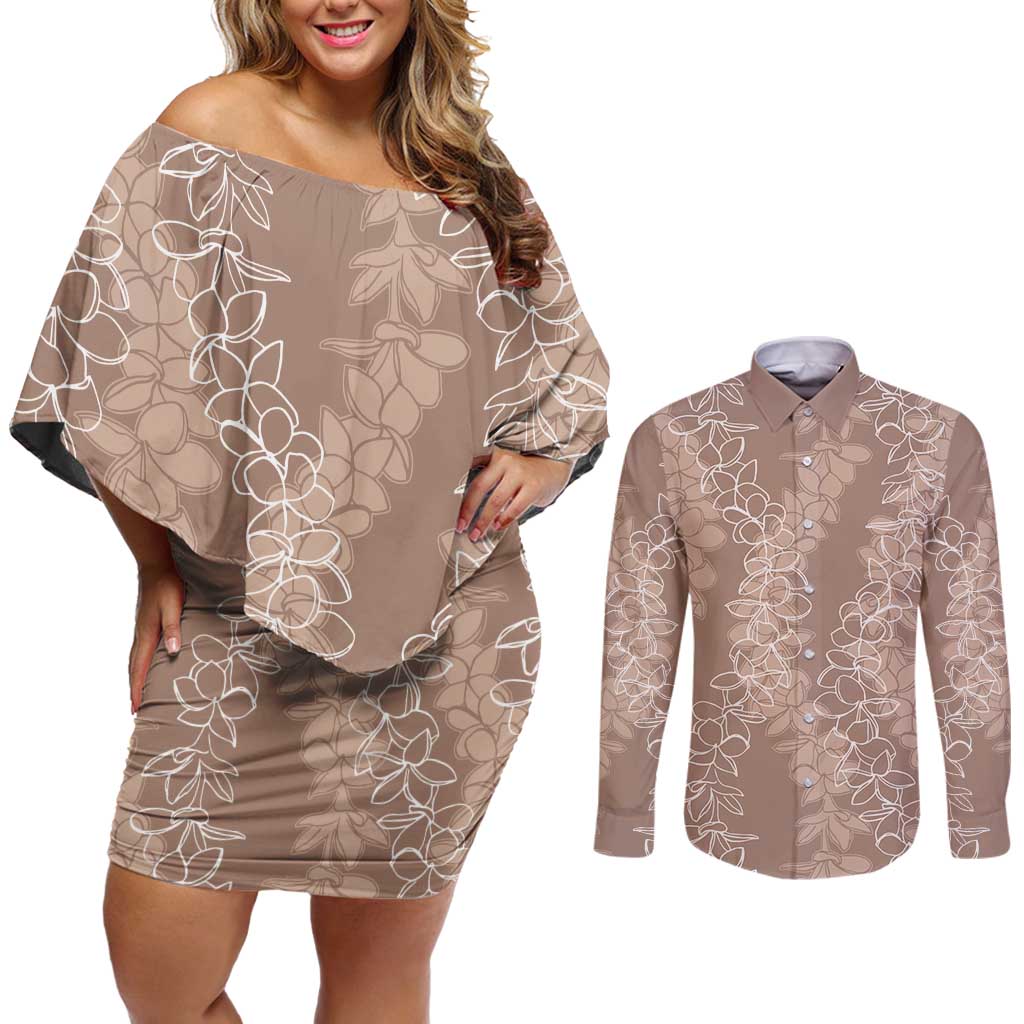 Hawaii Plumeria Lei Couples Matching Off Shoulder Short Dress and Long Sleeve Button Shirt Aloha Festive Vibe - Beige LT7 Beige - Polynesian Pride