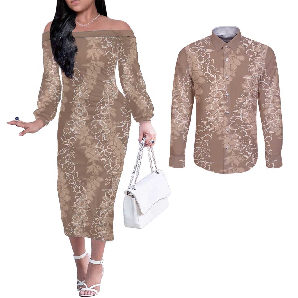 Hawaii Plumeria Lei Couples Matching Off The Shoulder Long Sleeve Dress and Long Sleeve Button Shirt Aloha Festive Vibe - Beige