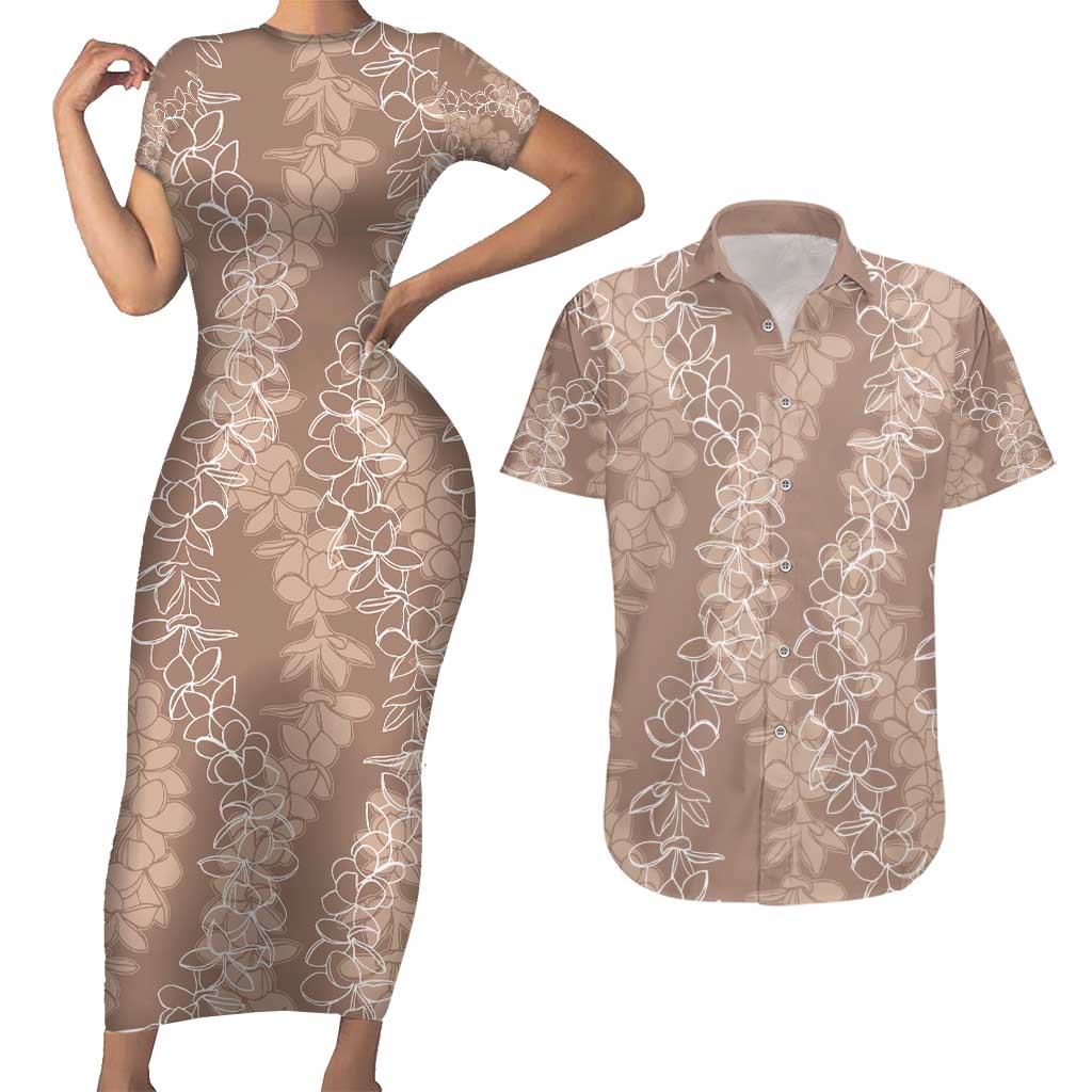 Hawaii Plumeria Lei Couples Matching Short Sleeve Bodycon Dress and Hawaiian Shirt Aloha Festive Vibe - Beige LT7 Beige - Polynesian Pride