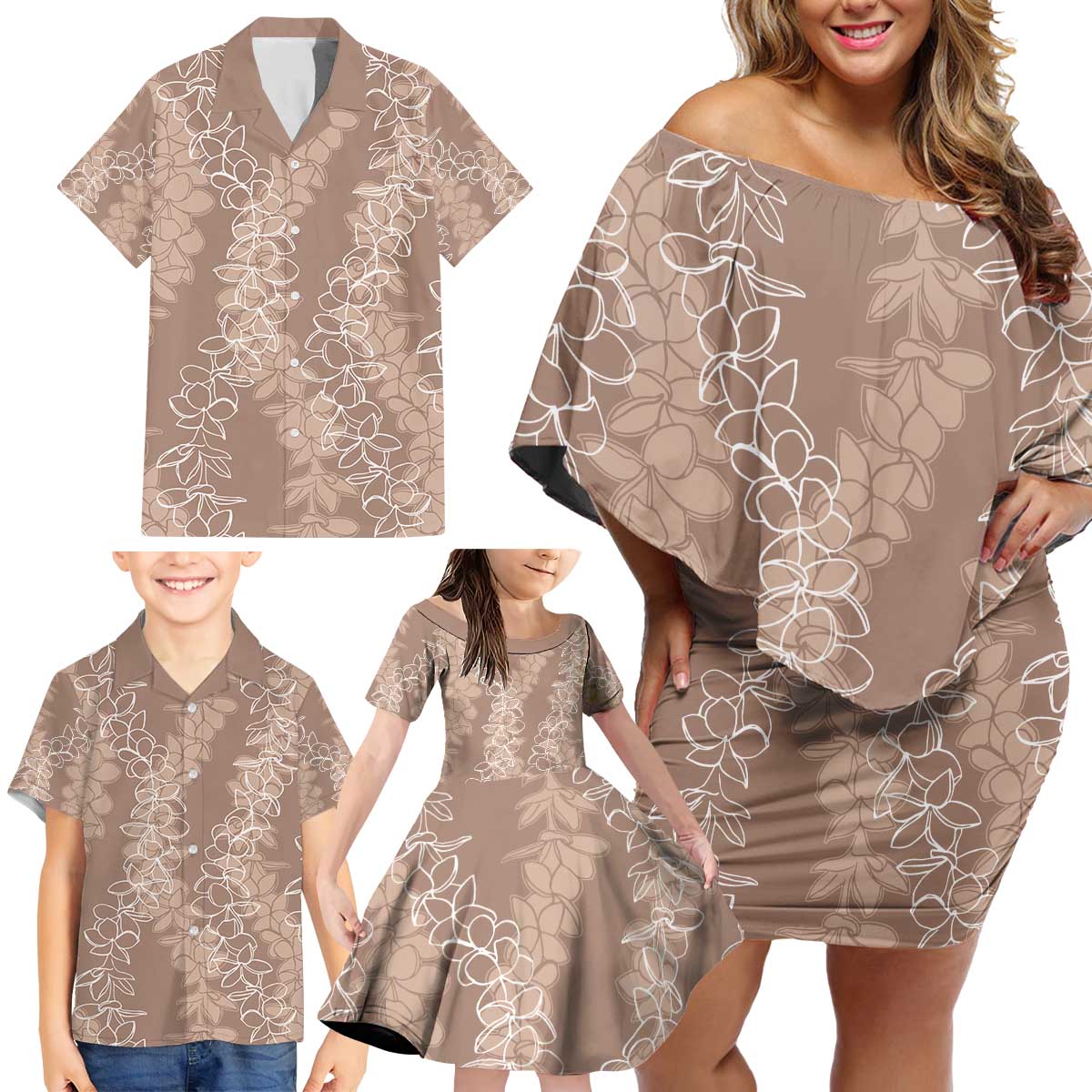 Hawaii Plumeria Lei Family Matching Off Shoulder Short Dress and Hawaiian Shirt Aloha Festive Vibe - Beige LT7 - Polynesian Pride