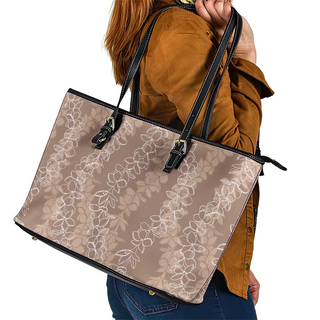 Hawaii Plumeria Lei Leather Tote Bag Aloha Festive Vibe - Beige LT7 - Polynesian Pride