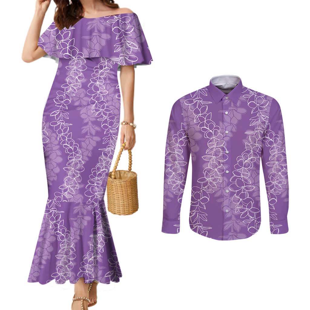 Hawaii Plumeria Lei Couples Matching Mermaid Dress and Long Sleeve Button Shirt Aloha Festive Vibe - Violet LT7 Violet - Polynesian Pride