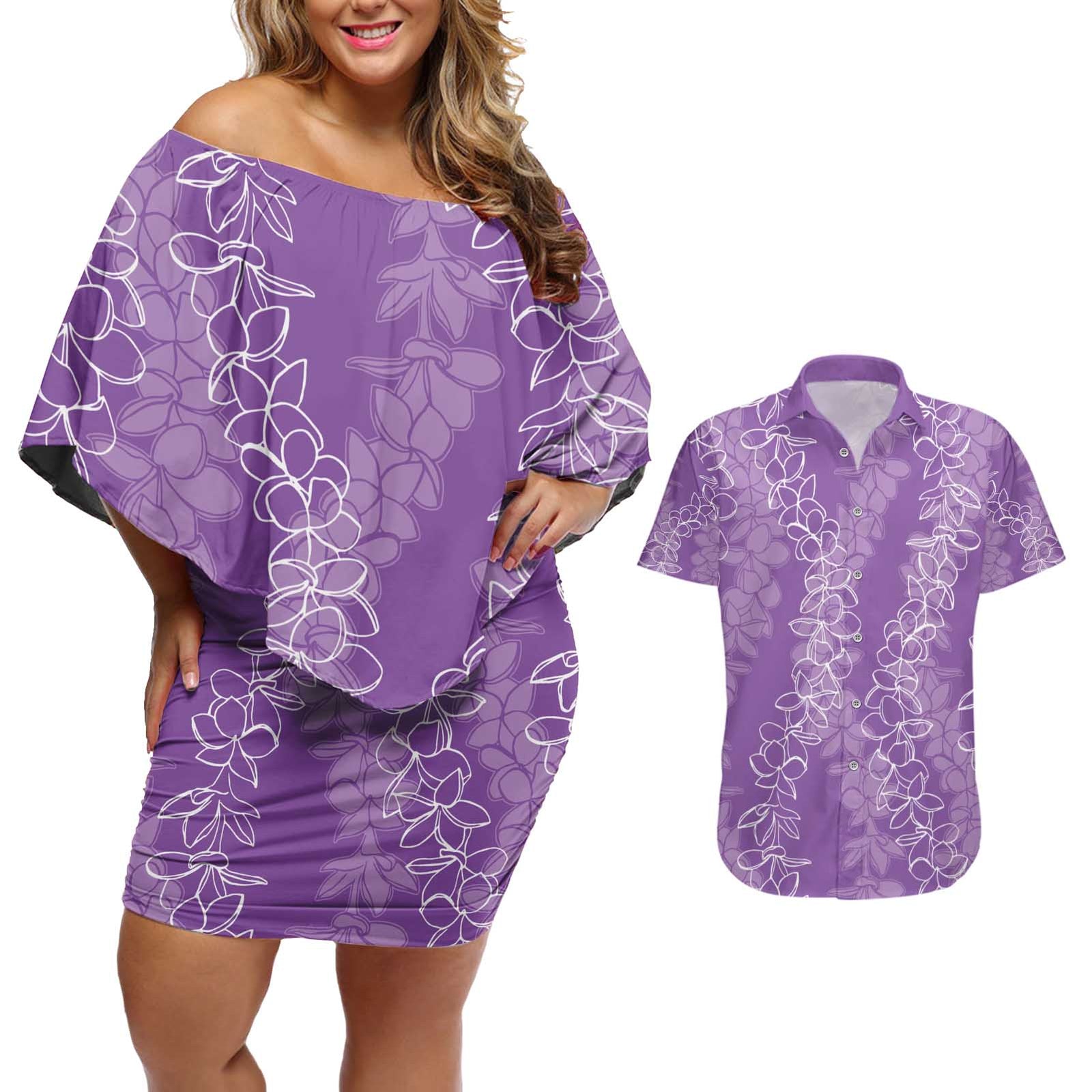 Hawaii Plumeria Lei Couples Matching Off Shoulder Short Dress and Hawaiian Shirt Aloha Festive Vibe - Violet LT7 Violet - Polynesian Pride