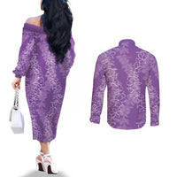 Hawaii Plumeria Lei Couples Matching Off The Shoulder Long Sleeve Dress and Long Sleeve Button Shirt Aloha Festive Vibe - Violet