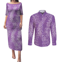 Hawaii Plumeria Lei Couples Matching Puletasi and Long Sleeve Button Shirt Aloha Festive Vibe - Violet LT7 Violet - Polynesian Pride
