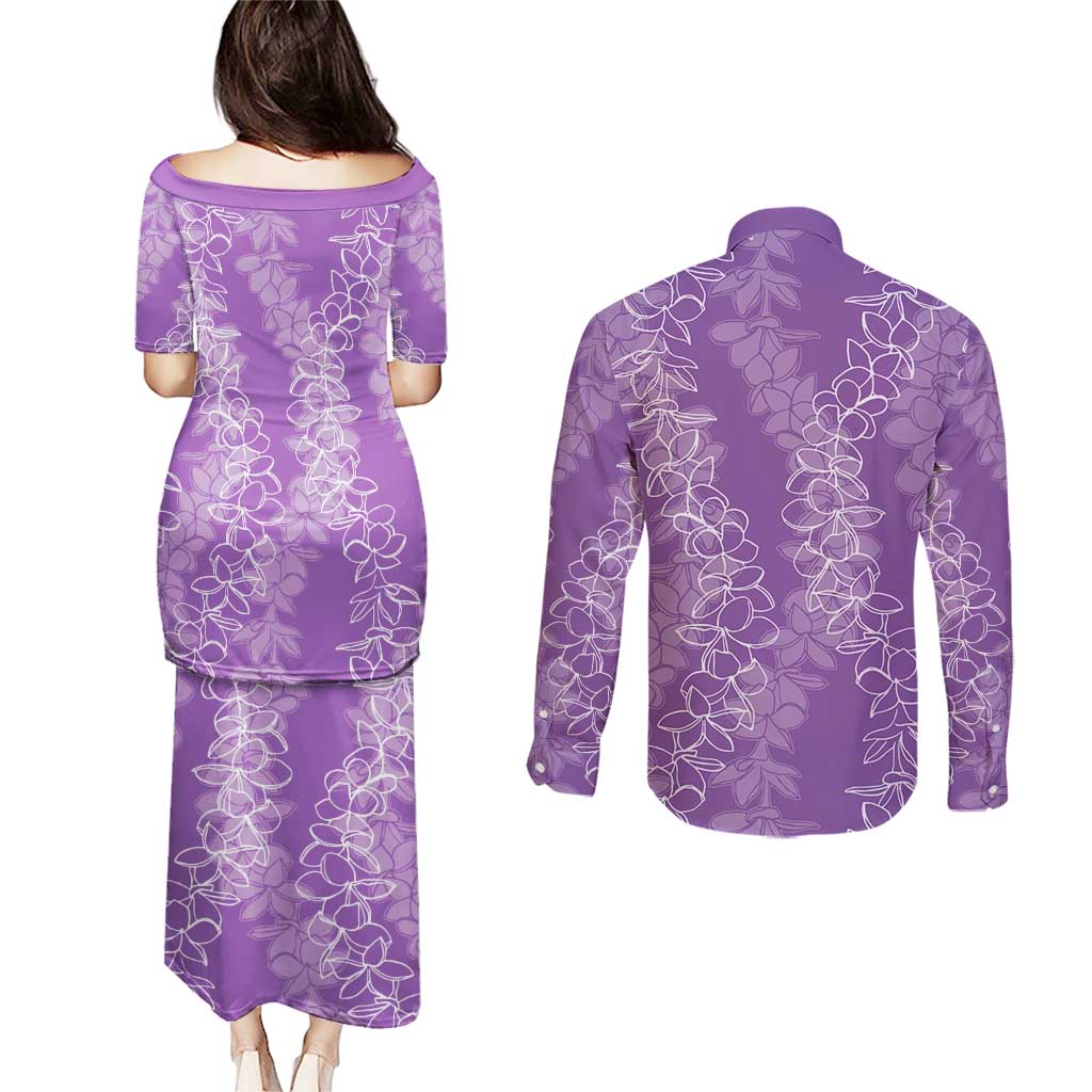 Hawaii Plumeria Lei Couples Matching Puletasi and Long Sleeve Button Shirt Aloha Festive Vibe - Violet LT7 - Polynesian Pride