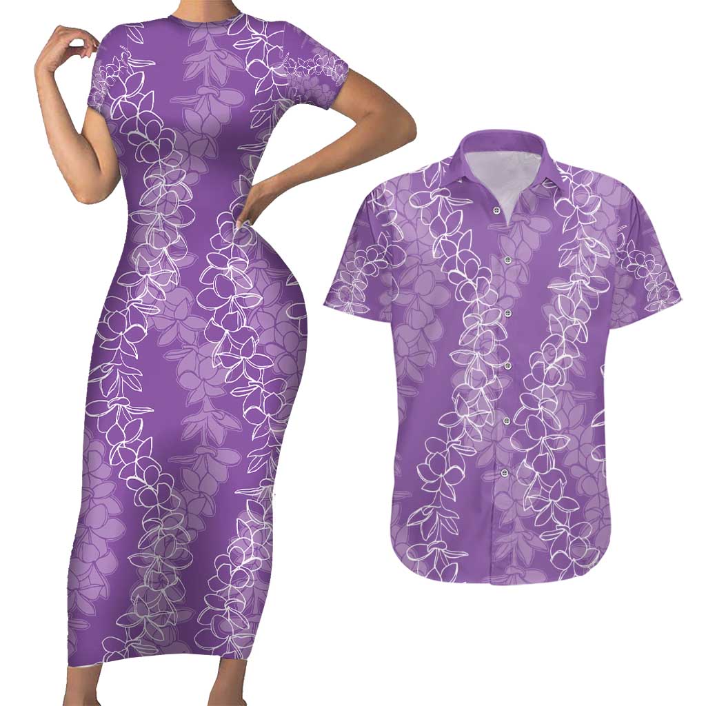 Hawaii Plumeria Lei Couples Matching Short Sleeve Bodycon Dress and Hawaiian Shirt Aloha Festive Vibe - Violet LT7 Violet - Polynesian Pride