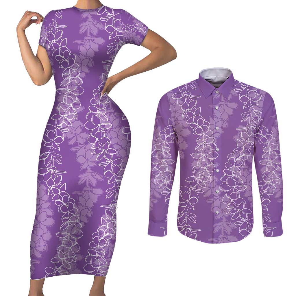 Hawaii Plumeria Lei Couples Matching Short Sleeve Bodycon Dress and Long Sleeve Button Shirt Aloha Festive Vibe - Violet LT7 Violet - Polynesian Pride