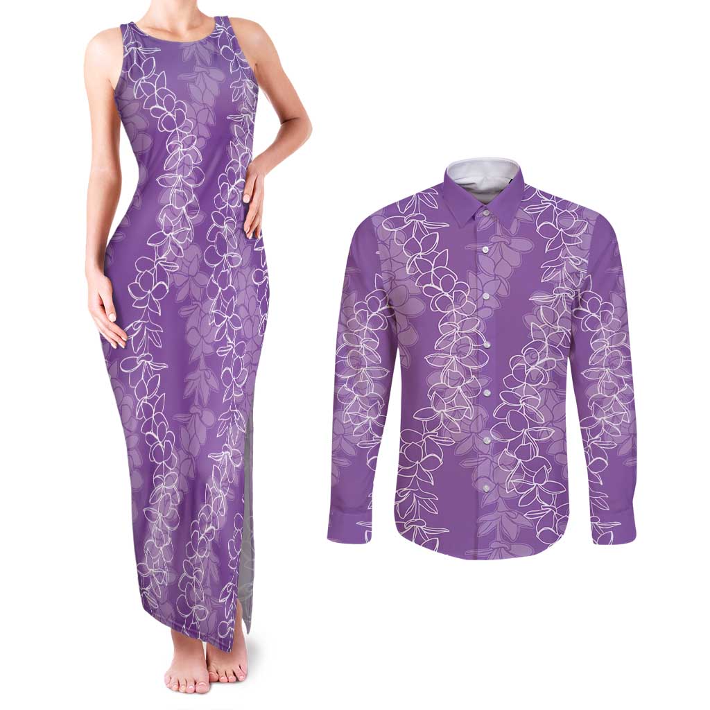 Hawaii Plumeria Lei Couples Matching Tank Maxi Dress and Long Sleeve Button Shirt Aloha Festive Vibe - Violet LT7 Violet - Polynesian Pride