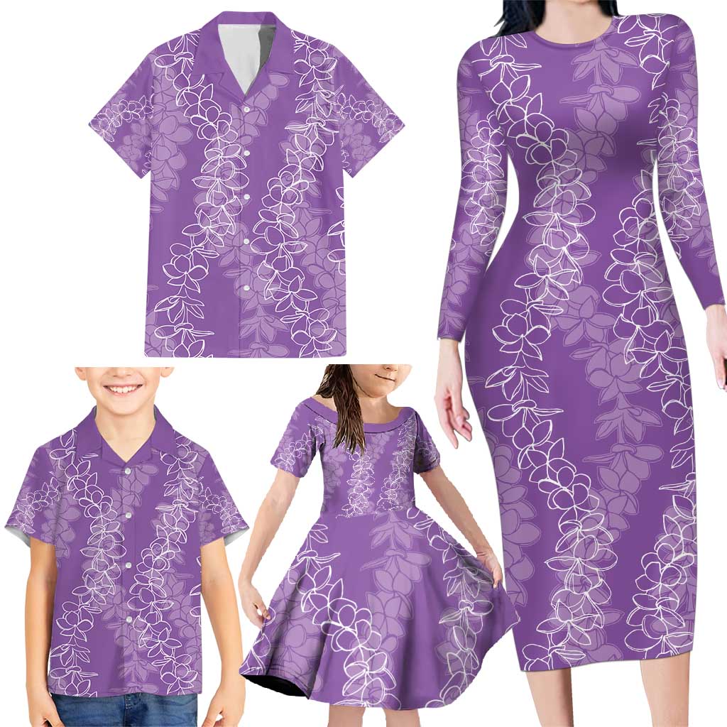 Hawaii Plumeria Lei Family Matching Long Sleeve Bodycon Dress and Hawaiian Shirt Aloha Festive Vibe - Violet