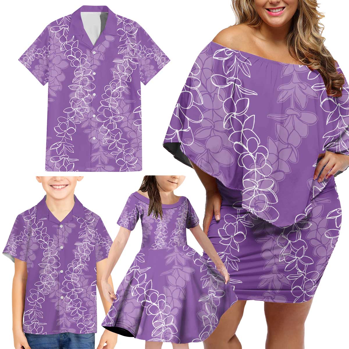 Hawaii Plumeria Lei Family Matching Off Shoulder Short Dress and Hawaiian Shirt Aloha Festive Vibe - Violet