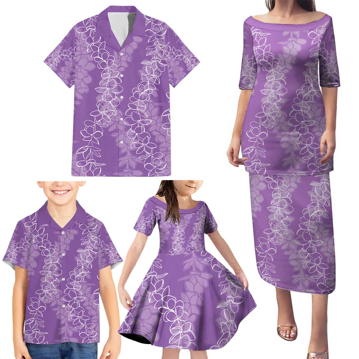 Hawaii Plumeria Lei Family Matching Puletasi and Hawaiian Shirt Aloha Festive Vibe - Violet LT7 - Polynesian Pride