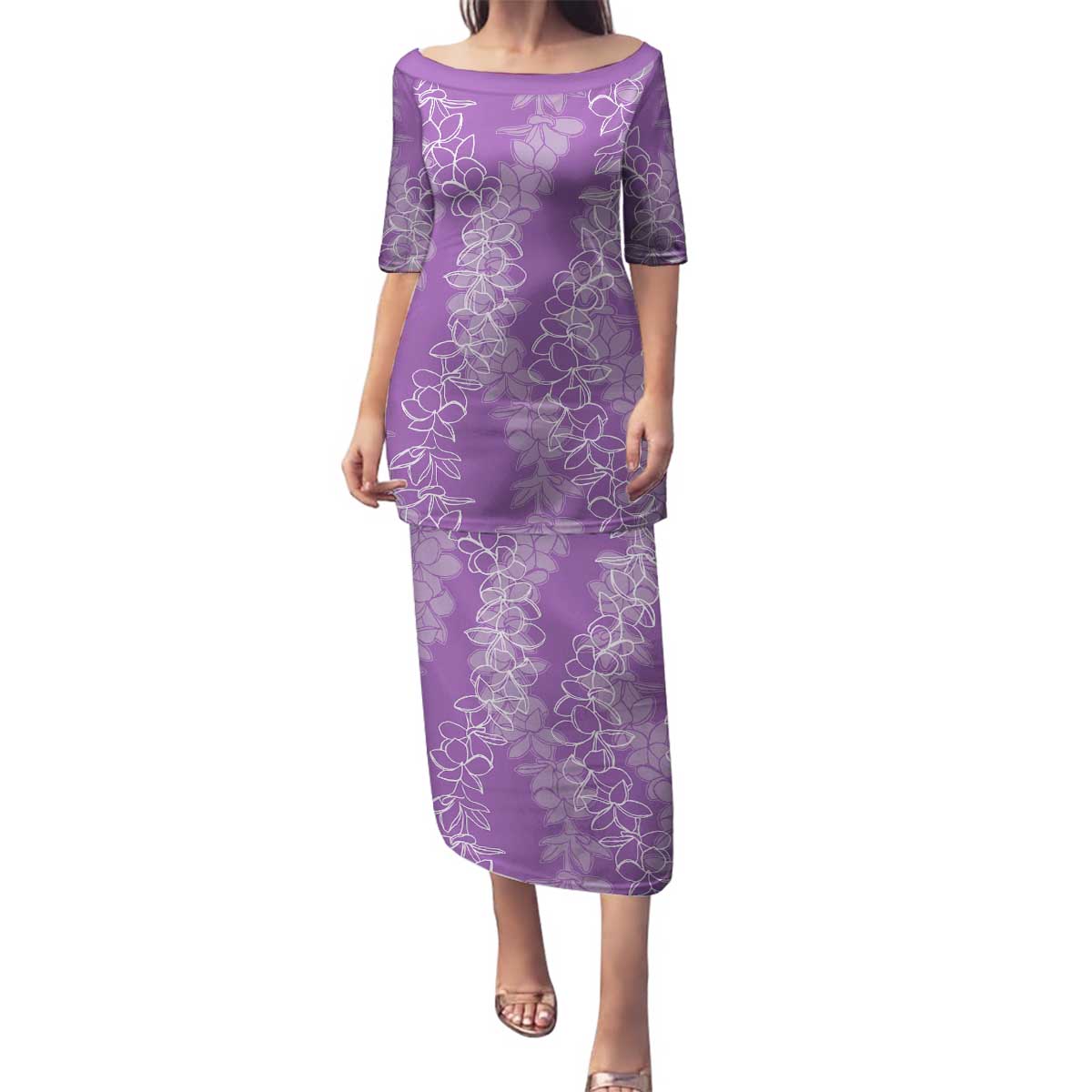 Hawaii Plumeria Lei Family Matching Puletasi and Hawaiian Shirt Aloha Festive Vibe - Violet